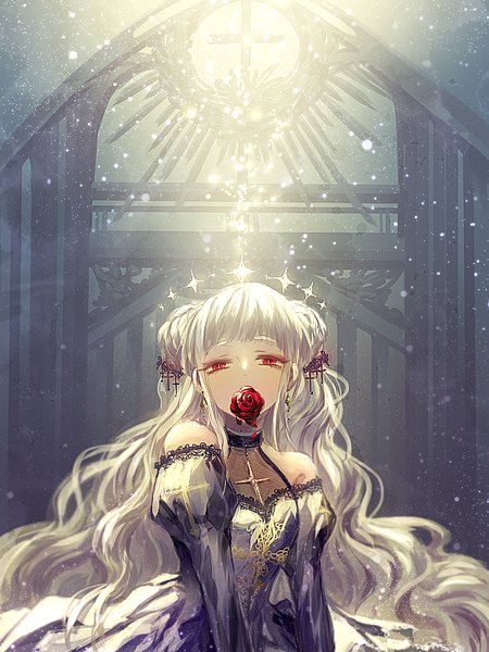 Anime picture 600x800 with original mint5464 single long hair tall image looking at viewer fringe blonde hair red eyes bare shoulders holding mouth hold wavy hair eyebrows glow flower in mouth girl hair ornament flower (flowers) petals