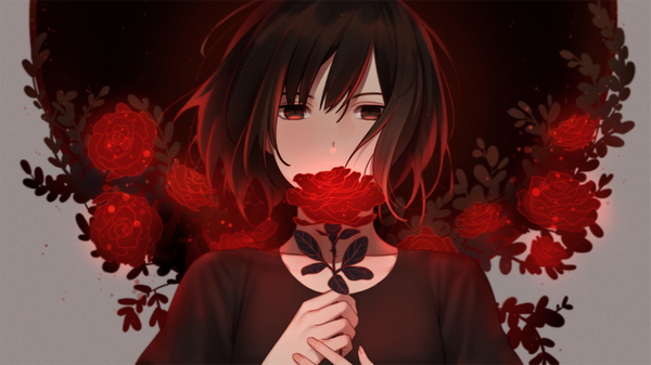 Anime picture 1520x855 with original e7 (runaway162) single looking at viewer fringe short hair hair between eyes brown hair wide image holding brown eyes ahoge upper body grey background covered mouth cropped girl dress flower (flowers) black dress