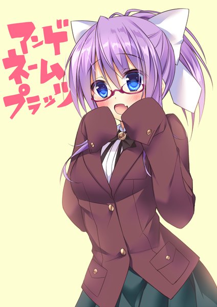 Anime picture 626x885 with angenehm platz yae hibiki sorai shin'ya single long hair tall image blush fringe open mouth blue eyes simple background hair between eyes payot looking away purple hair ponytail long sleeves pleated skirt inscription fang (fangs)