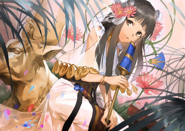 Anime picture 4093x2894 with fate (series) fate/grand order fate/prototype: fragments of blue and silver fate/prototype nefertiti (fate/prototype fragments) seomouse single long hair looking at viewer fringe highres brown hair brown eyes absurdres blunt bangs traditional clothes hair flower egyptian clothes girl flower (flowers)