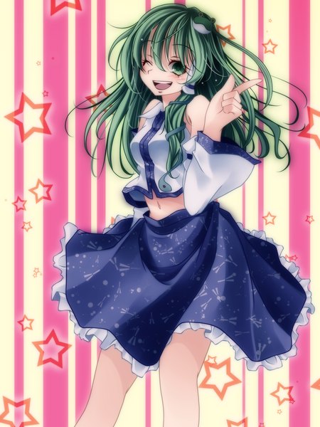 Anime picture 1200x1600 with touhou kochiya sanae s-syogo single long hair tall image open mouth smile green eyes one eye closed green hair wink girl dress skirt detached sleeves star (symbol) skirt set hair tubes