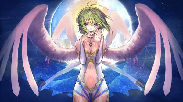 Anime picture 1843x1037 with vocaloid gumi sono (pixiv) single looking at viewer highres short hair blue eyes wide image green hair night sky girl gloves navel wings elbow gloves moon star (stars) jewelry cross