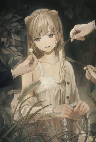 Anime picture 1391x2048 with original funabashi (iwzry) long hair tall image fringe open mouth blonde hair holding looking away upper body outdoors long sleeves head tilt off shoulder grey eyes hair bun (hair buns) fang (fangs) girl dress plant (plants)