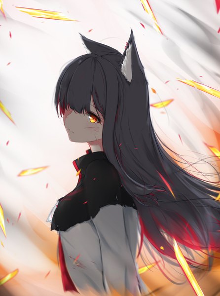 Anime picture 1636x2200 with arknights texas (arknights) dd (897671246) single long hair tall image looking at viewer fringe black hair simple background hair between eyes standing animal ears yellow eyes upper body red hair multicolored hair two-tone hair wolf ears blood on face