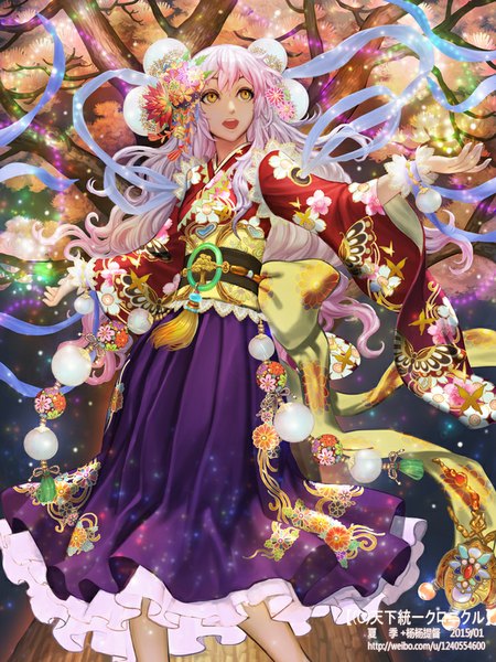 Anime picture 744x993 with original xiaji single long hair tall image looking at viewer open mouth yellow eyes white hair traditional clothes japanese clothes hair flower girl hair ornament flower (flowers) plant (plants) tree (trees) kimono shawl