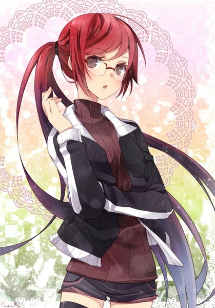 Anime picture 650x931 with original inma r. single long hair tall image blush open mouth standing brown eyes ponytail red hair open clothes open jacket girl thighhighs black thighhighs glasses jacket shorts short shorts