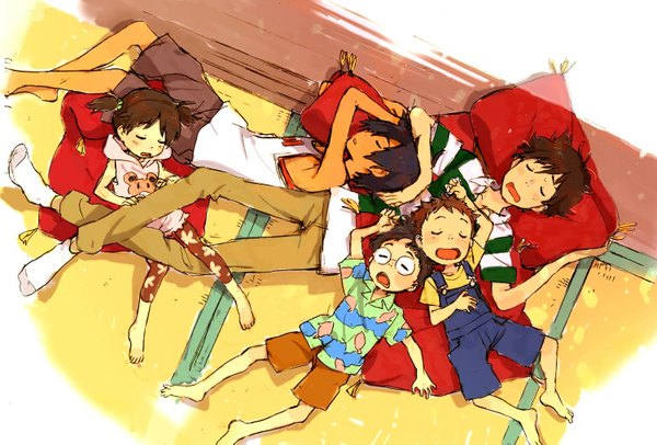 Anime picture 1500x1015 with summer wars madhouse ikezawa kazuma koiso kenji black hair brown hair eyes closed group striped sleeping pillow child (children)