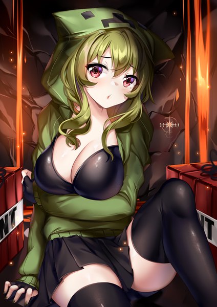 Anime picture 884x1250 with minecraft creeper squchan single long hair tall image looking at viewer blush fringe breasts light erotic hair between eyes red eyes large breasts sitting signed cleavage bent knee (knees) long sleeves nail polish