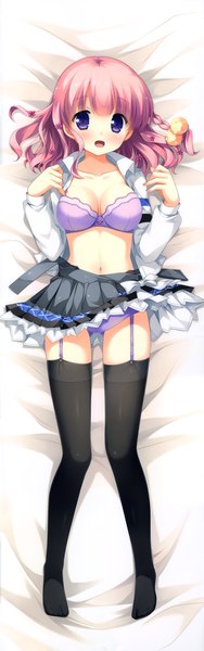 Anime picture 2281x7250 with imouto no okage de mote sugite yabai yonaga aoba ikegami akane single tall image looking at viewer blush highres short hair open mouth blue eyes light erotic pink hair full body open clothes open shirt dakimakura (medium) girl thighhighs skirt