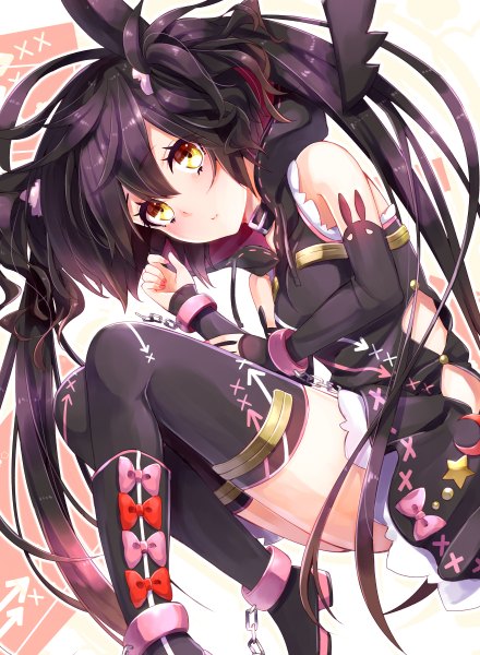 Anime picture 880x1200 with original sakuragi ren long hair tall image black hair twintails bare shoulders yellow eyes girl thighhighs dress bow detached sleeves bracelet