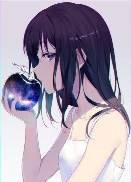 Anime picture 2941x4096 with original visions achiki single long hair tall image looking at viewer fringe highres black hair simple background hair between eyes holding upper body profile black eyes gradient background anaglyph starry sky print space print