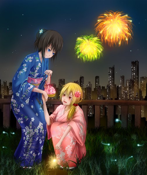 Anime picture 2000x2381 with original ren (nyanyo) tall image highres short hair blue eyes black hair blonde hair red eyes multiple girls traditional clothes japanese clothes night holding hands fireworks girl 2 girls kimono building (buildings) skyscraper