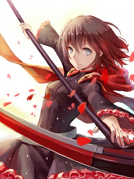 Anime picture 800x1067 with rwby rooster teeth ruby rose a luo single tall image looking at viewer short hair simple background smile brown hair white background grey eyes girl weapon petals scythe