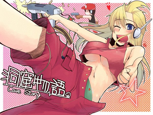 Anime picture 1024x768 with doukutsu monogatari curly brace quote blush breasts open mouth blue eyes light erotic blonde hair one eye closed wink no bra midriff wallpaper underboob partially open clothes pointing unbuttoned finger gun navel