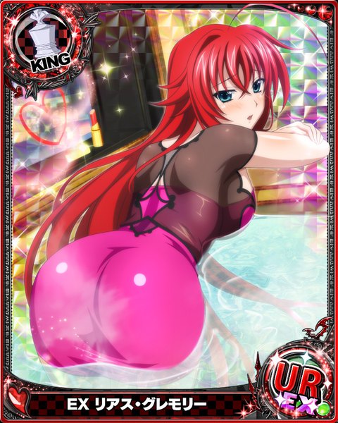 Anime picture 640x800 with highschool dxd rias gremory single tall image blush open mouth blue eyes light erotic looking away red hair very long hair card (medium) girl dress