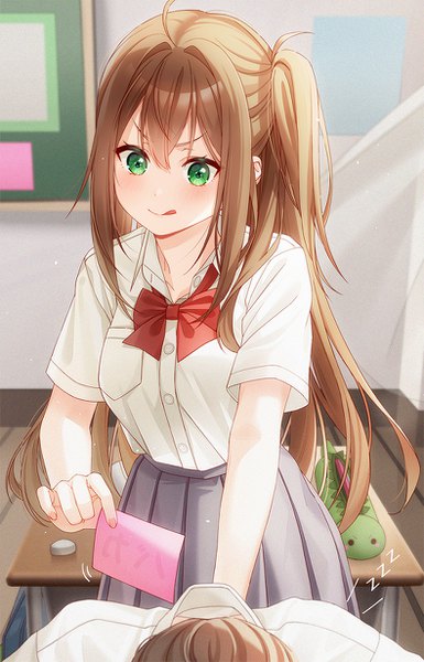 Anime picture 790x1230 with original unjem long hair tall image blush fringe smile hair between eyes brown hair standing green eyes payot looking away ahoge indoors pleated skirt short sleeves one side up solo focus :q