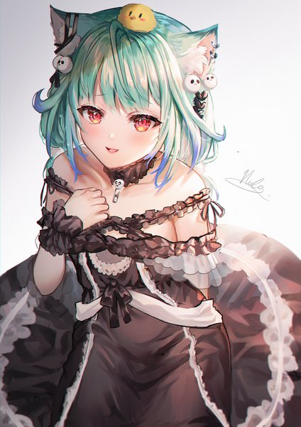 Anime picture 1240x1754 with virtual youtuber hololive uruha rushia uruha rushia (3rd costume) piyoko (uruha rushia) nicccolee single tall image short hair simple background red eyes white background signed animal ears looking away cat ears aqua hair official alternate costume animal on head bird on head