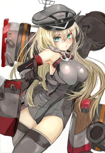 Anime picture 945x1373 with kantai collection bismarck battleship cucurbita single long hair tall image looking at viewer blush breasts light erotic simple background blonde hair large breasts standing white background aqua eyes pointing girl thighhighs gloves