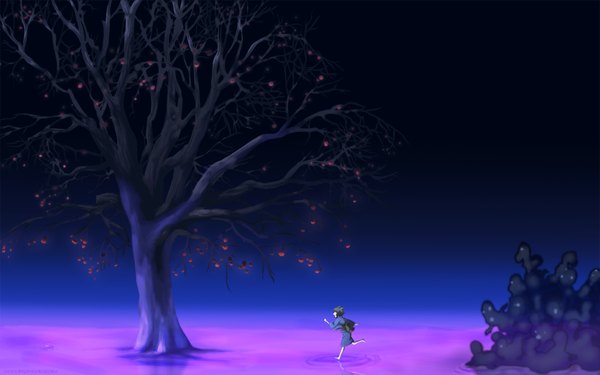 Anime picture 1920x1200 with otome youkai zakuro j.c. staff zakuro (otome youkai zakuro) malanth highres short hair black hair wide image animal ears japanese clothes barefoot ghost running demon alternate age plant (plants) tree (trees) apple