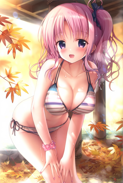 Anime picture 1929x2870 with original izumi kaori (twinbox) sousouman single long hair tall image looking at viewer blush fringe highres breasts open mouth light erotic smile large breasts standing purple eyes bare shoulders pink hair cleavage
