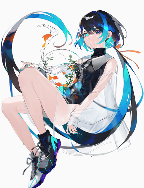 Anime picture 2346x3054 with original zumi (neronero126) single tall image looking at viewer fringe highres black hair simple background hair between eyes white background full body very long hair multicolored hair heterochromia low ponytail colored inner hair girl animal water
