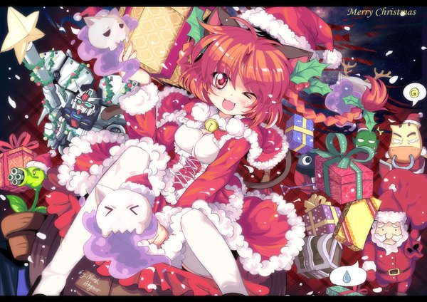 Anime picture 1920x1358 with mobile suit gundam mobile suit gundam 0083 plants vs zombies touhou sunrise (studio) kaenbyou rin santa claus gundam gp-03 stamen gatling pea north abyssor long hair blush highres open mouth red eyes sitting animal ears red hair tail braid (braids)