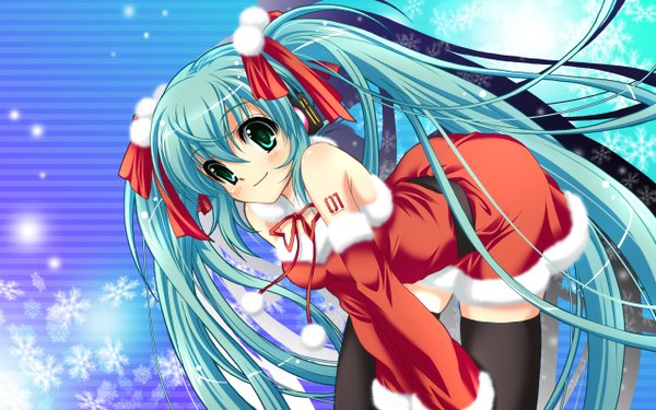 Anime picture 2560x1600 with vocaloid hatsune miku highres wide image twintails fur trim christmas girl thighhighs ribbon (ribbons) fur santa claus costume