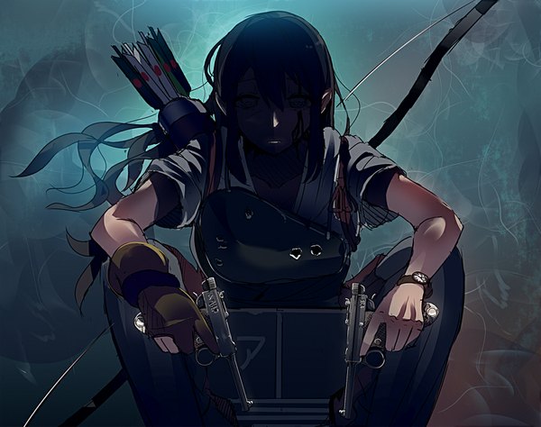 Anime picture 1000x791 with kantai collection akagi aircraft carrier daito (daito369) single long hair brown hair sitting holding bent knee (knees) shadow weapon clock bow (weapon) arrow (arrows) pocket watch