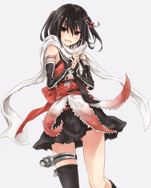 Anime picture 1000x1250 with kantai collection sendai light cruiser azuuru single tall image looking at viewer blush short hair open mouth black hair simple background smile black eyes teeth two side up girl thighhighs skirt black thighhighs socks