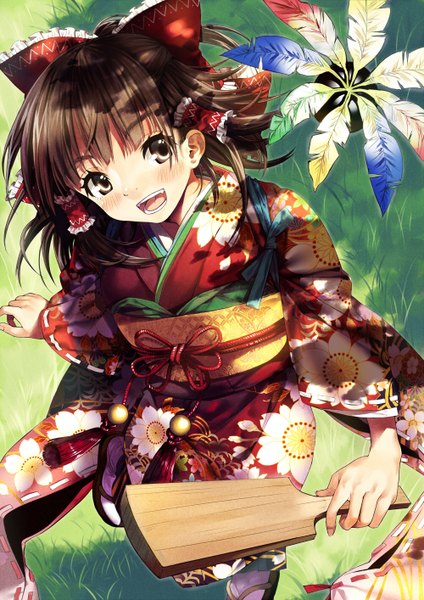 Anime picture 1000x1414 with touhou hakurei reimu yana mori single long hair tall image looking at viewer blush open mouth brown hair brown eyes traditional clothes japanese clothes girl flower (flowers) bow hair bow kimono obi feather (feathers)