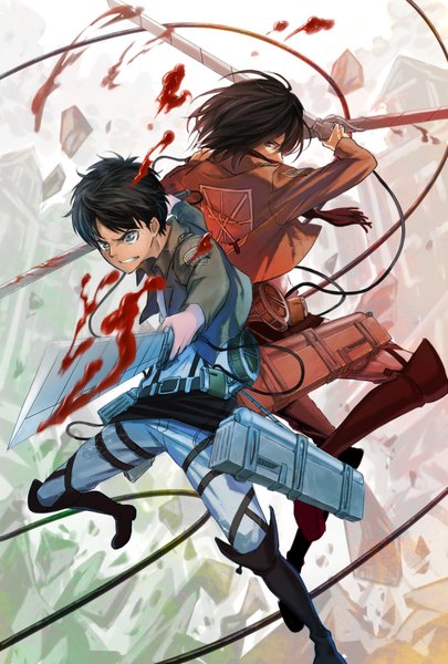 Anime picture 1181x1748 with shingeki no kyojin production i.g mikasa ackerman eren yaeger cookie ex (artist) tall image short hair black hair holding open clothes open jacket grey eyes fighting stance serious dual wielding angry back to back clenched teeth battle bloody weapon