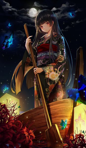 Anime picture 1000x1712 with original m1yu single long hair tall image blush fringe black hair red eyes standing holding cloud (clouds) outdoors blunt bangs traditional clothes japanese clothes night wide sleeves from below night sky