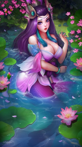 Anime-Bild 3080x5476 mit league of legends nami (league of legends) turewindwalker single long hair tall image looking at viewer blush highres breasts open mouth light erotic large breasts purple eyes signed absurdres cleavage purple hair outdoors nail polish