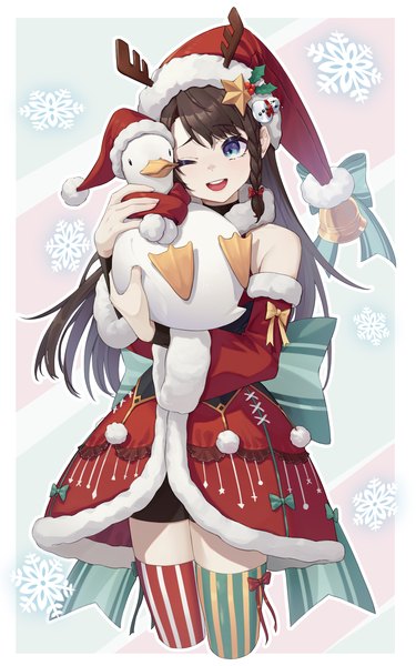 Anime picture 2000x3200 with virtual youtuber hololive oozora subaru subaru duck toga (toganawa) single long hair tall image highres open mouth blue eyes brown hair standing holding looking away one eye closed zettai ryouiki border christmas ;d