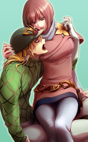 Anime-Bild 500x800 mit jojo no kimyou na bouken steel ball run diego brando hot pants (sbr) joka (night gate) long hair tall image fringe short hair open mouth blue eyes simple background blonde hair sitting yellow eyes pink hair profile blue background sitting on person girl