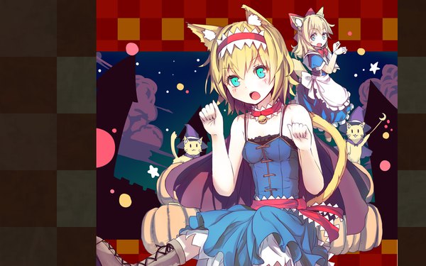 Anime picture 1920x1200 with touhou alice margatroid shanghai culter looking at viewer blush highres short hair open mouth blue eyes blonde hair sitting bare shoulders animal ears sky cloud (clouds) tail animal tail aqua eyes cat ears
