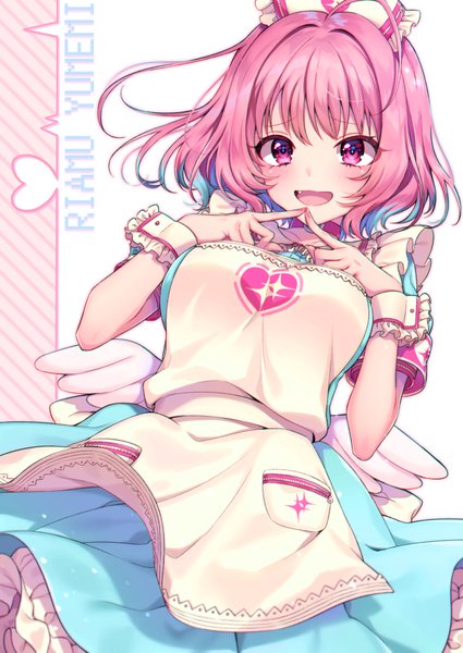 Anime picture 637x900 with idolmaster idolmaster cinderella girls yumemi riamu usano single tall image looking at viewer blush short hair open mouth pink hair ahoge pink eyes fang (fangs) character names nurse fingers together heart print girl uniform