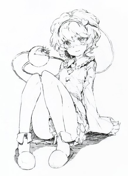 Anime picture 2975x4094 with touhou komeiji satori oshake single tall image looking at viewer blush highres short hair simple background white background sitting monochrome sketch girl dress skirt shoes eyeball slippers