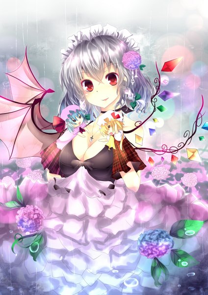 Anime picture 1130x1600 with touhou flandre scarlet remilia scarlet izayoi sakuya e-co tall image short hair breasts light erotic smile red eyes silver hair chibi girl dress flower (flowers) wings headdress maid headdress cross