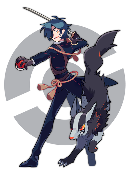 Anime picture 600x848 with pokemon touken ranbu nintendo nitroplus shokudaikiri mitsutada mightyena ppo-p tall image short hair black hair simple background smile white background yellow eyes looking away full body parted lips outstretched arm crossover gen 3 pokemon