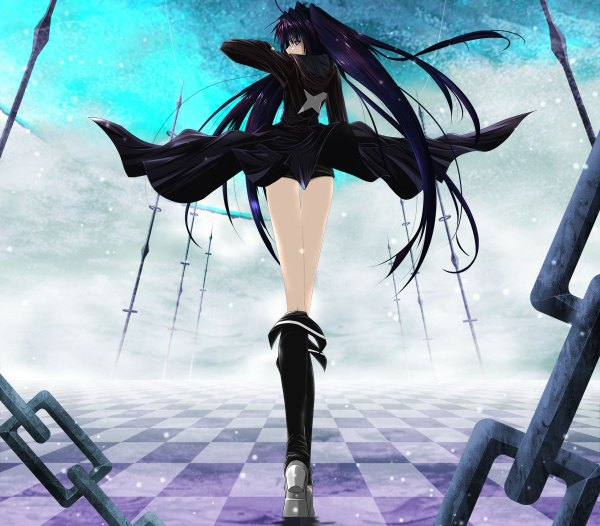 Anime picture 1200x1052 with black rock shooter black rock shooter (character) single long hair black hair purple eyes twintails looking back from behind back checkered floor girl boots knee boots