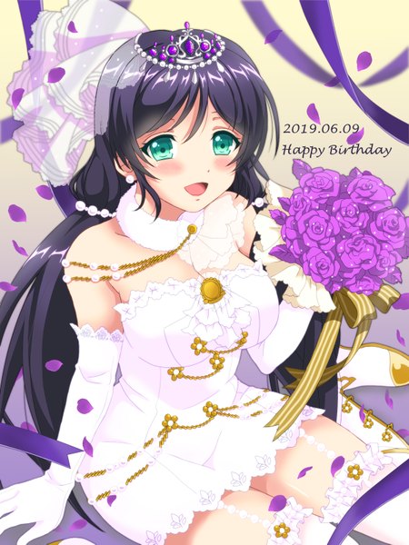 Anime picture 2396x3198 with love live! school idol project sunrise (studio) love live! toujou nozomi yuncho (yunchoooo20) single long hair tall image looking at viewer blush fringe highres breasts open mouth simple background smile hair between eyes large breasts sitting bare shoulders