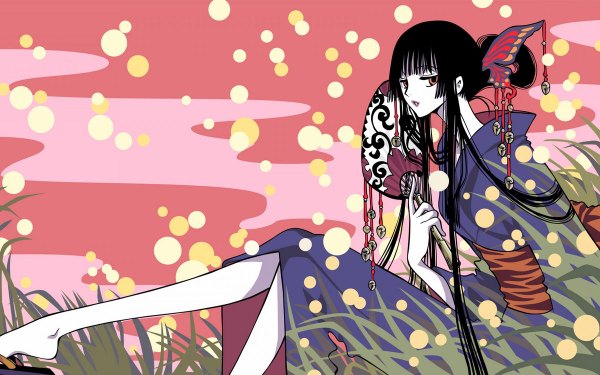 Anime picture 1200x750 with xxxholic clamp ichihara yuuko single long hair looking at viewer black hair wide image sitting traditional clothes japanese clothes orange eyes legs girl hair ornament plant (plants) belt kimono hairclip grass