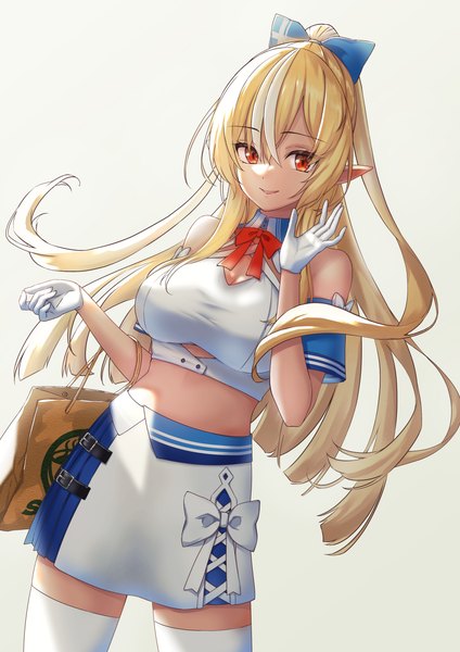 Anime picture 2894x4093 with virtual youtuber hololive shiranui flare nisi ki no single long hair tall image fringe highres simple background blonde hair smile hair between eyes red eyes standing white background ponytail multicolored hair pointy ears midriff