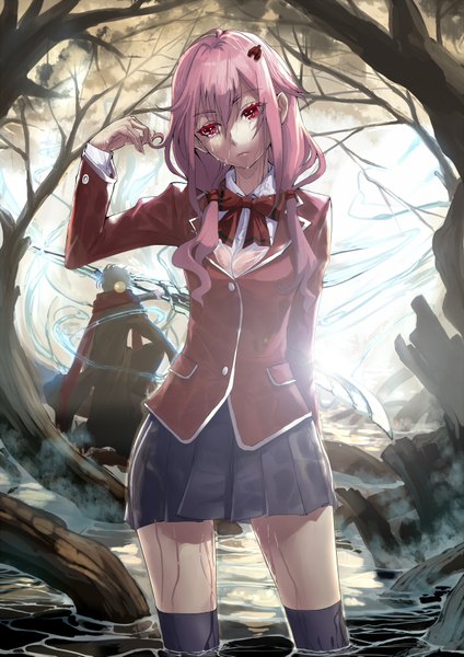 Anime picture 1240x1753 with guilty crown production i.g yuzuriha inori realmbw single long hair tall image red eyes pink hair wet girl thighhighs skirt uniform hair ornament black thighhighs plant (plants) school uniform miniskirt tree (trees)