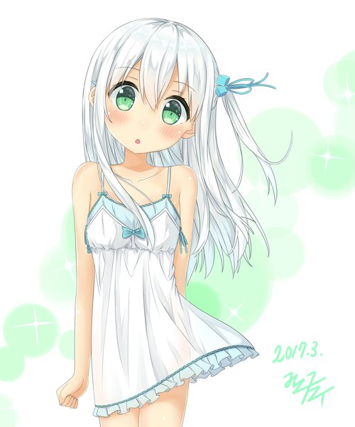 Anime picture 1500x1800 with original miko fly single long hair tall image looking at viewer fringe open mouth light erotic hair between eyes white background green eyes white hair head tilt wind one side up dated see-through silhouette girl dress