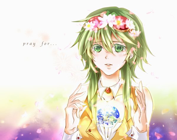 Anime picture 1631x1293 with vocaloid gumi single green eyes green hair girl flower (flowers) petals planet
