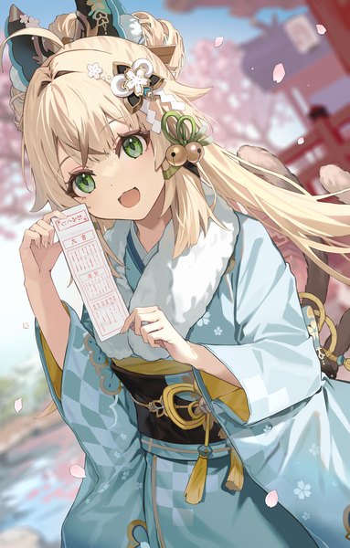 Anime picture 1467x2300 with genshin impact kirara (genshin impact) kirara (post office) (genshin impact) mocha (mokaapolka) single long hair tall image open mouth blonde hair green eyes ahoge outdoors tail traditional clothes :d japanese clothes animal tail cat tail official alternate costume new year