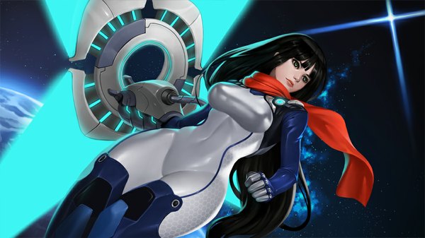 Anime picture 1000x563 with league of legends sivir (league of legends) bling single long hair fringe breasts light erotic black hair wide image green eyes looking away from below girl navel weapon scarf bodysuit