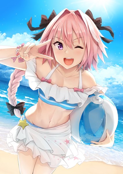 Anime picture 1003x1417 with fate (series) fate/apocrypha astolfo (fate) akita hika single long hair tall image looking at viewer blush fringe open mouth hair between eyes standing purple eyes bare shoulders holding pink hair sky cloud (clouds) outdoors